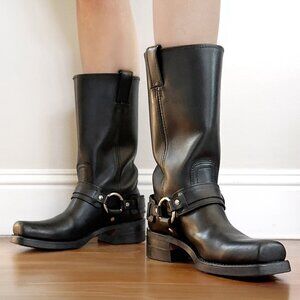 FRYE Belted Harness 12R Tall Black Leather Square Toe Biker Boot Size 8